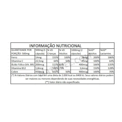 Ferro Complex Quelato Com Vit C, B9, B12 e Cobre 60 cápsulas Equilibrio